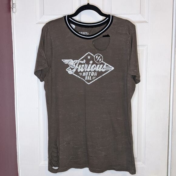 Fast & Furious By Affliction Women's Black Collar Brown Distressed Tee Shirt XL - Picture 1 of 13